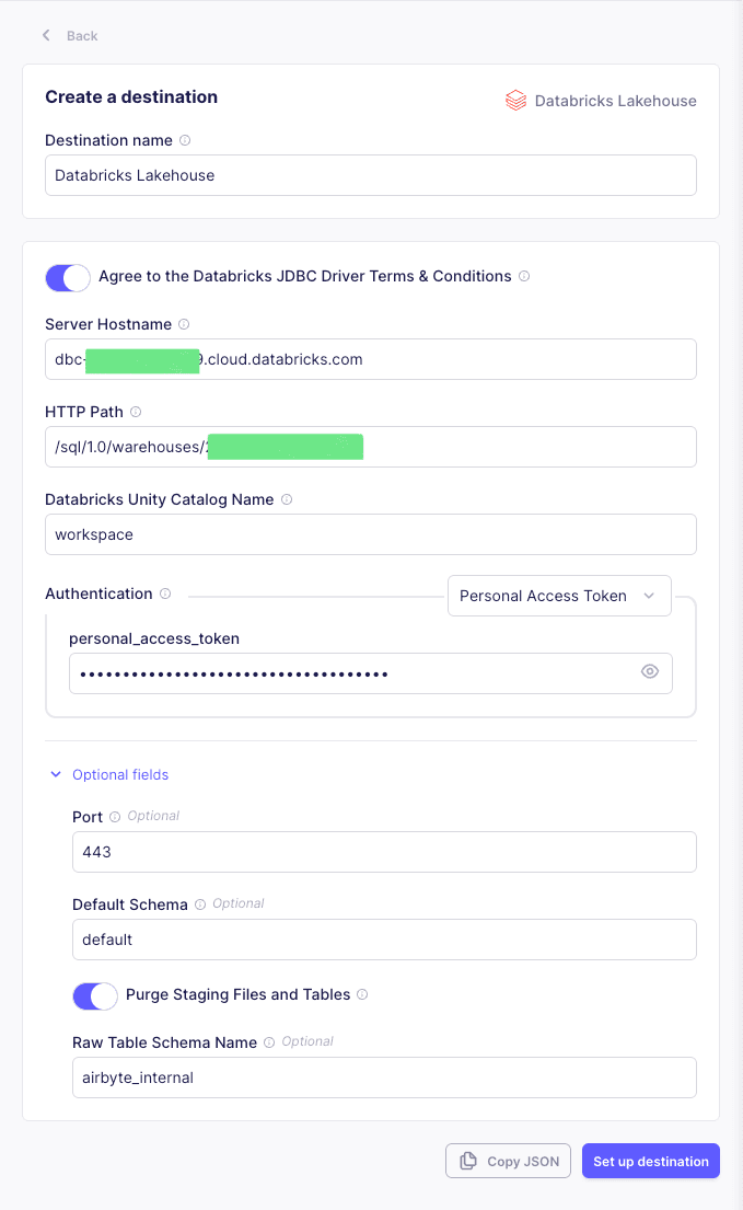 Airbyte Databricks Lakehouse destination setup
