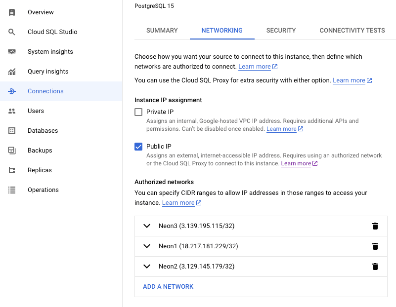 Cloud SQL network configuration