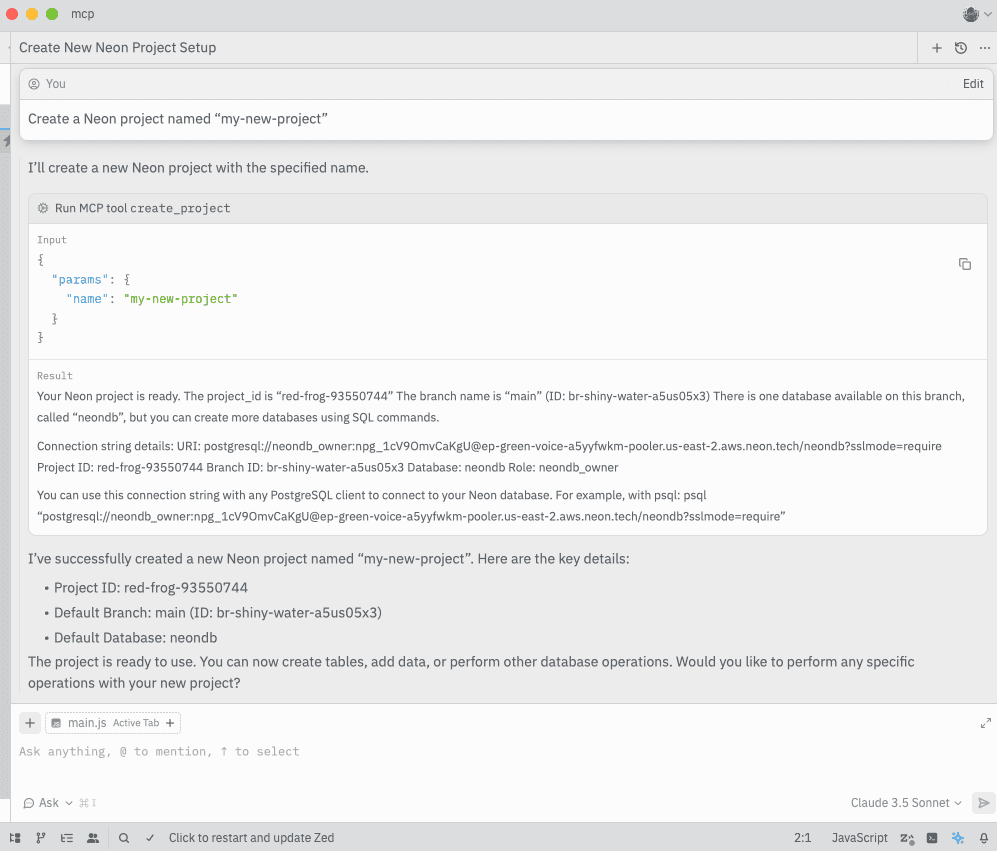 Zed creating a new Neon project