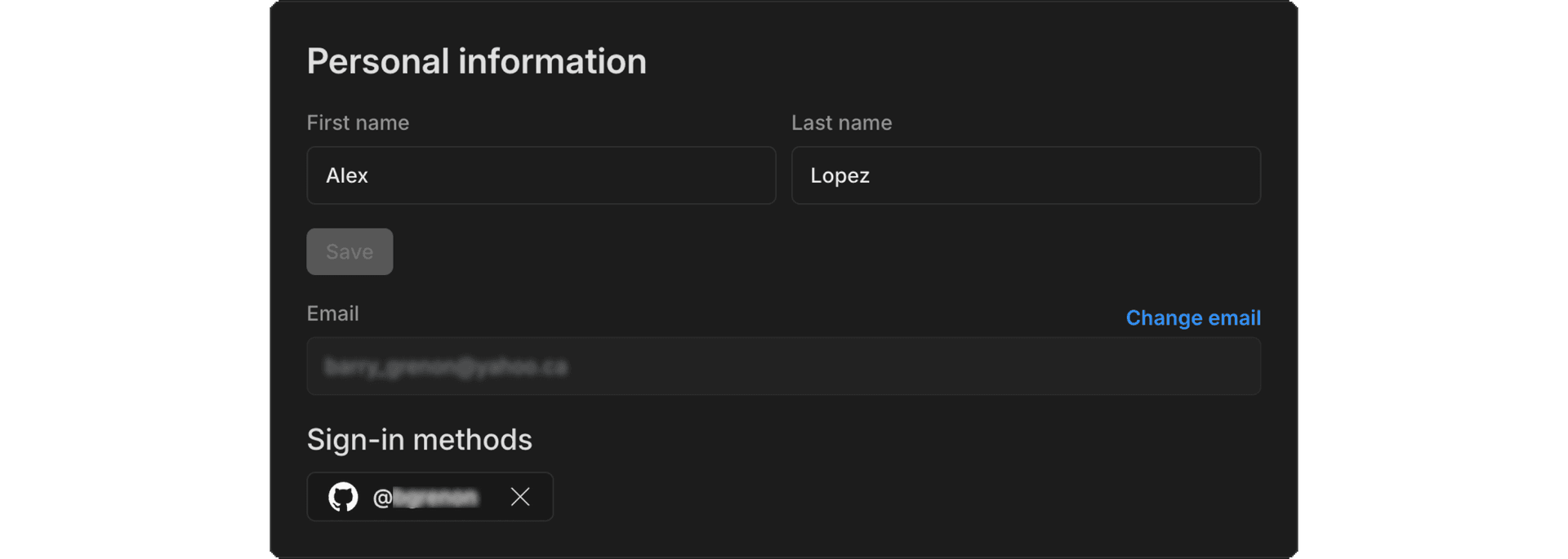 Personal information section in Account settings